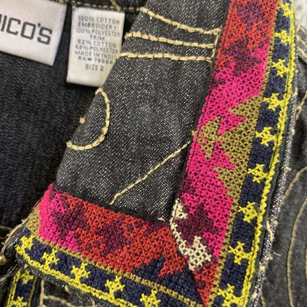 Chicos Denim Jacket Tribal Art Zip Cotton sz 2/ Large 12 Embroidered - Picture 10 of 13